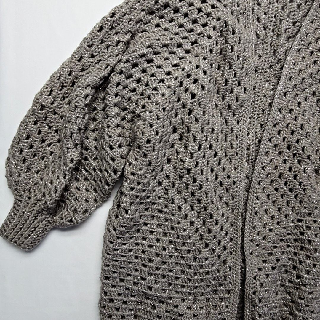 Handmade Knit Metallic Gray Cardigan Oversized L Crochet Open Sweater Size L / US 10 / IT 46 - 4 Thumbnail