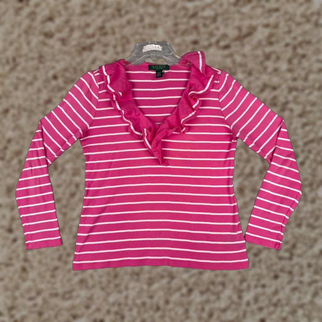 Ralph Lauren VINTAGE Lauren Ralph Lauren Shirt Women PM Petite Pink Striped Long Sleeve Cotton Pullover V-Neck Casual Ruffle Designer Size M / US 6-8 / IT 42-44 - 1 Thumbnail