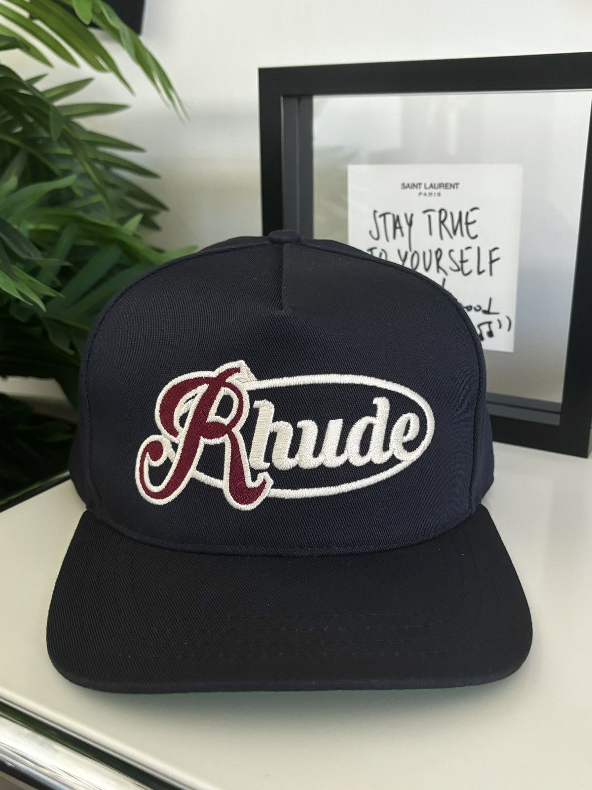 image of Rhude “Signature Script R Logo” Hat in Navy, Men's
