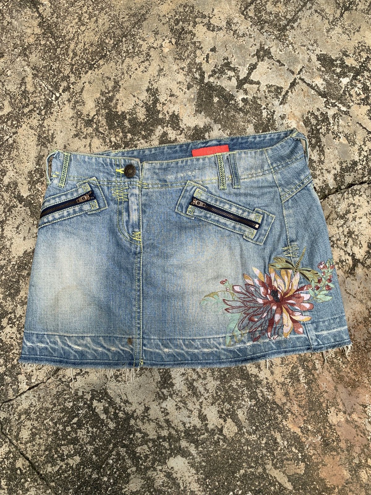 y2k EnC Blue Ripped Flower Embroidery Mini Jeans Skirt