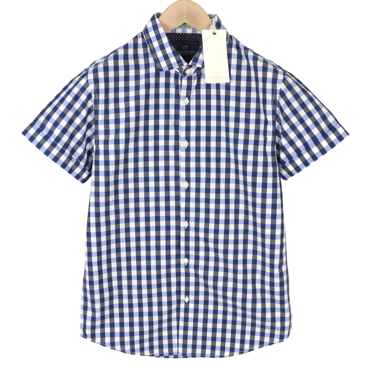 Scotch & Soda S Blue Checked Cutaway Button-Up Short Sleeve Shirt 89049 Size US S / EU 44-46 / 1 - 3 Thumbnail