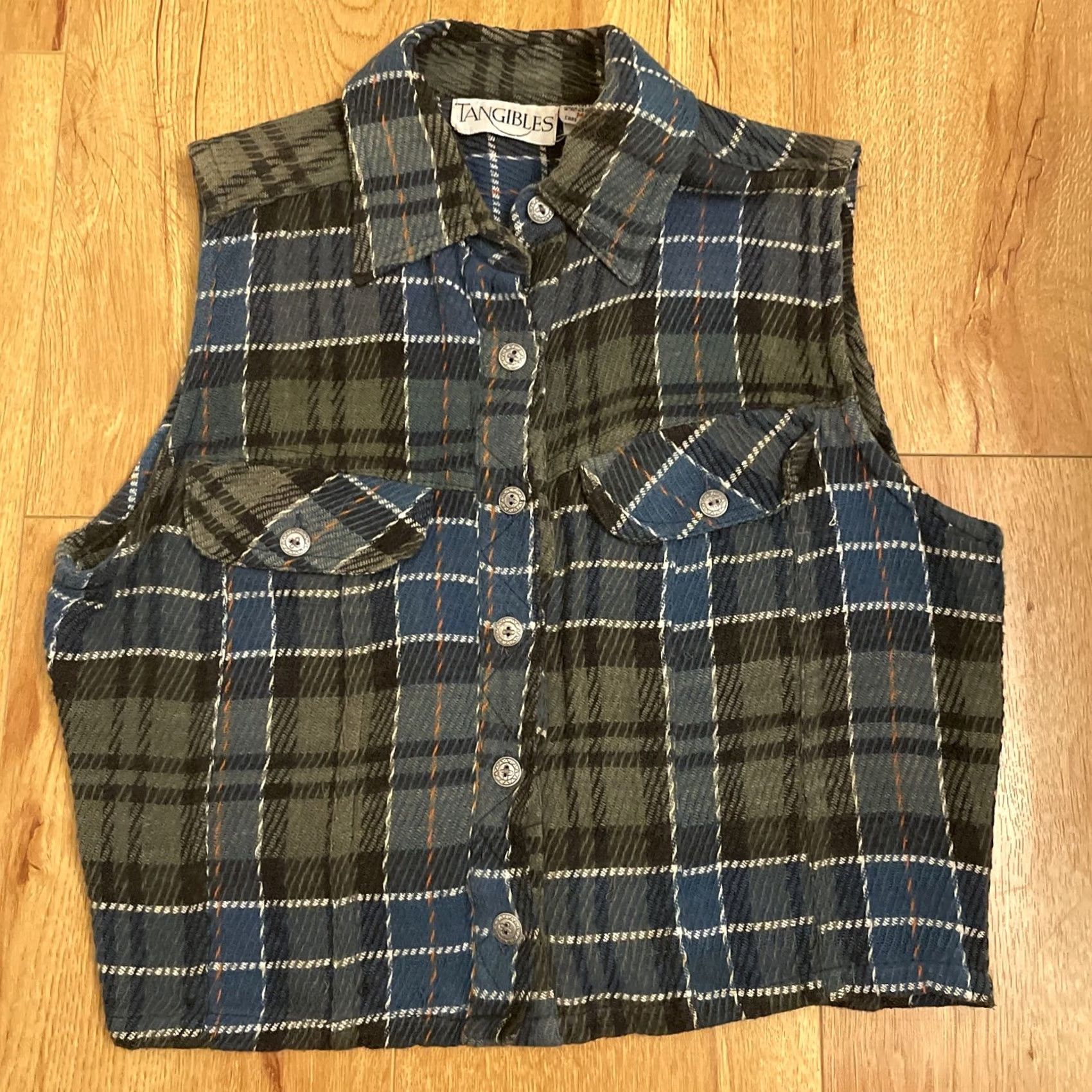 Vintage VINTAGE Tangibles 90s Plaid Vest M Grunge Pockets Blue Green Shirt Size M / US 6-8 / IT 42-44 - 2 Thumbnail