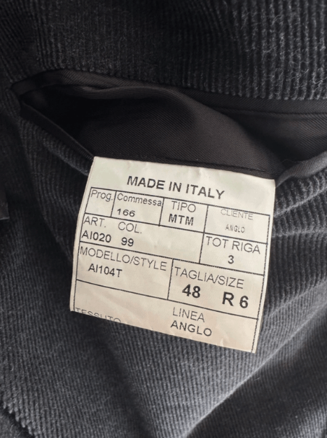 Anglo-Italian Double Breasted Corduroy Charcoal Suit IT48