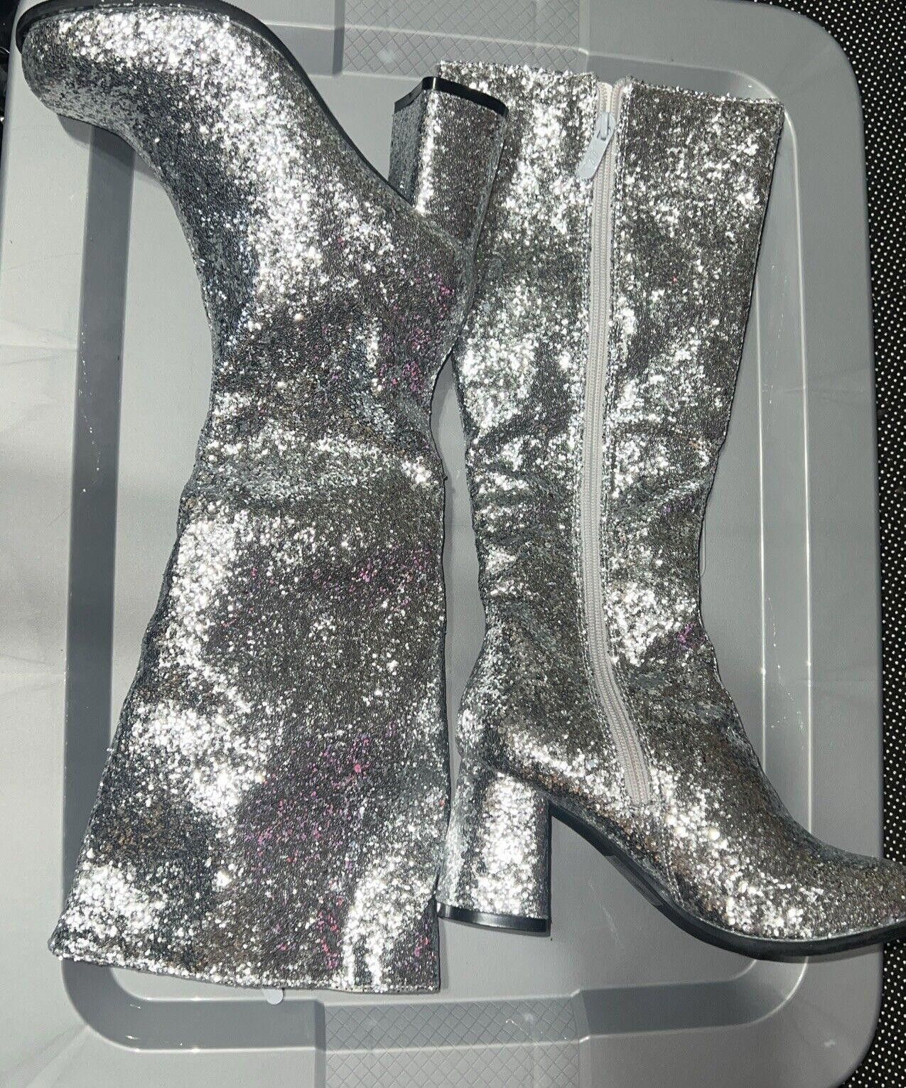 Designer Sz 6 Silver Glitter High Go Go Boots Heels Dolls Kill Size US 6 / IT 36 - 1 Thumbnail