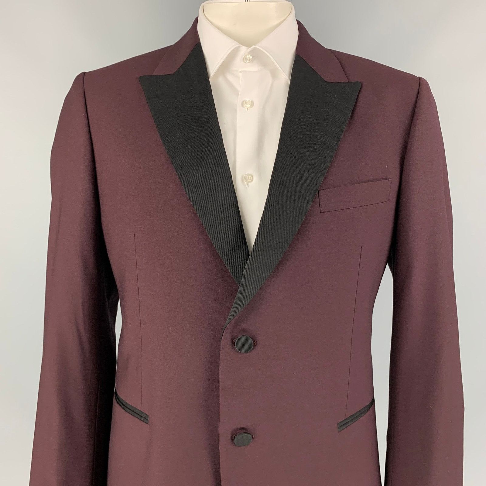 Paul Smith Size 46 Burgundy & Black Wool Peak Lapel Sport Coat Size 46R - 2 Thumbnail