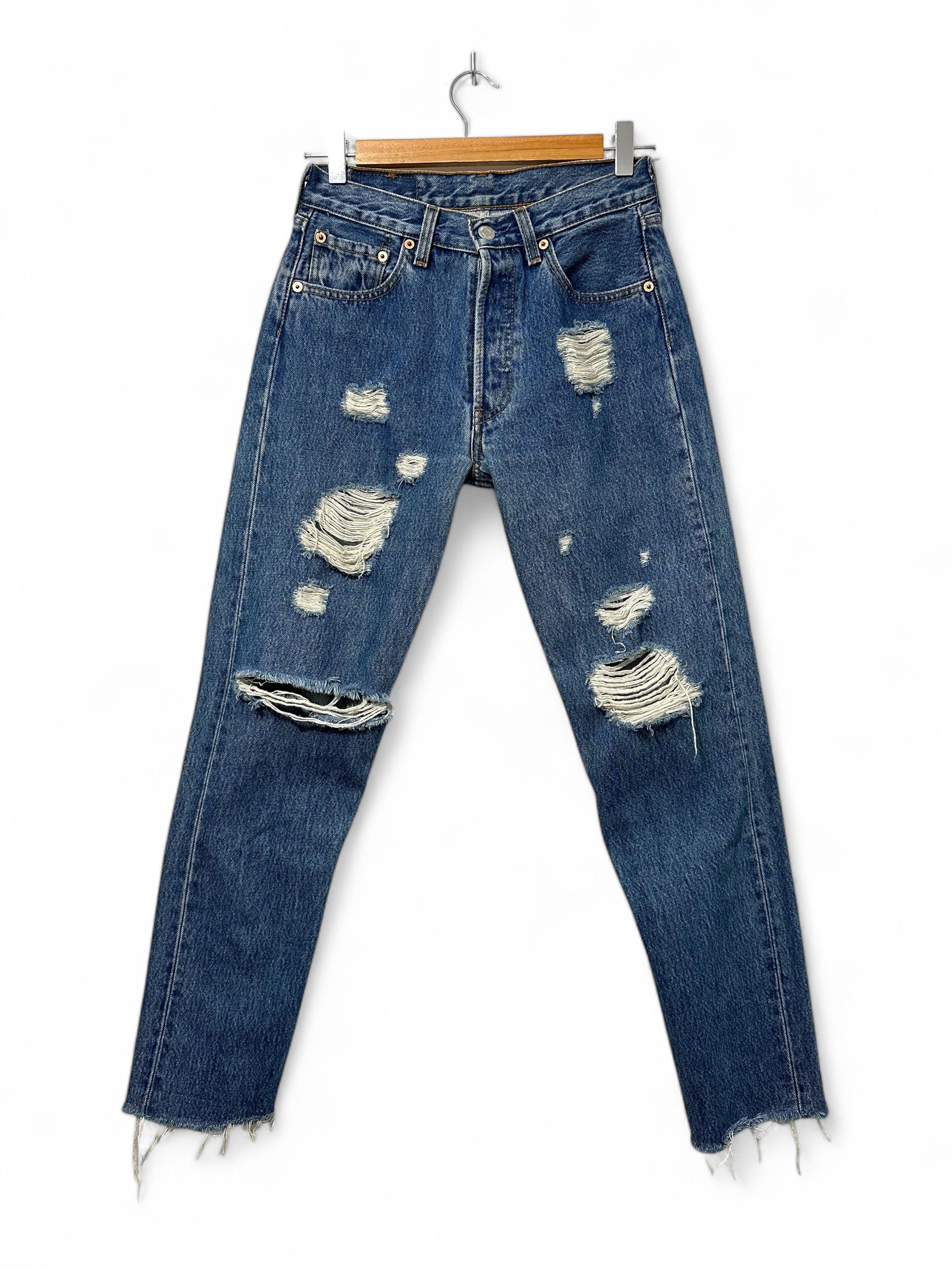 Levi's 501 High Rise Blue Washed Distressed Denim (S)