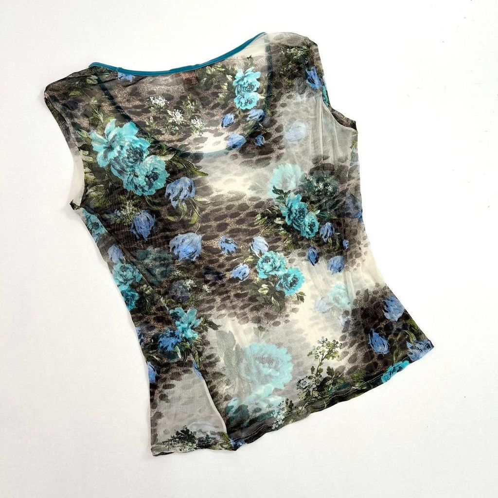 Roberto Cavalli Roberto Cavalli mesh top, blue floral brown leopard print Size XL / US 12-14 / IT 48-50 - 2 Thumbnail