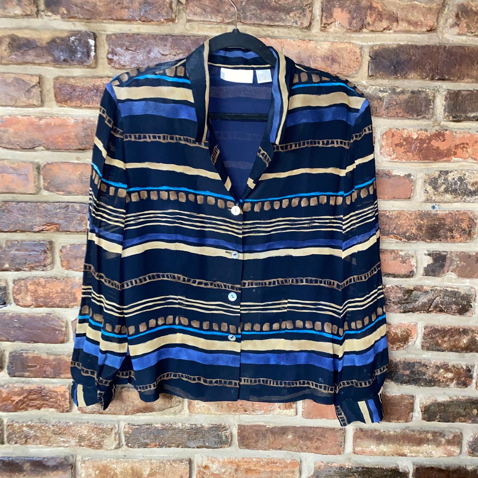 Other Dana Buchman Blue Brown Silk Striped Button Down Shirt 12P Size XL / US 12-14 / IT 48-50 - 1 Thumbnail