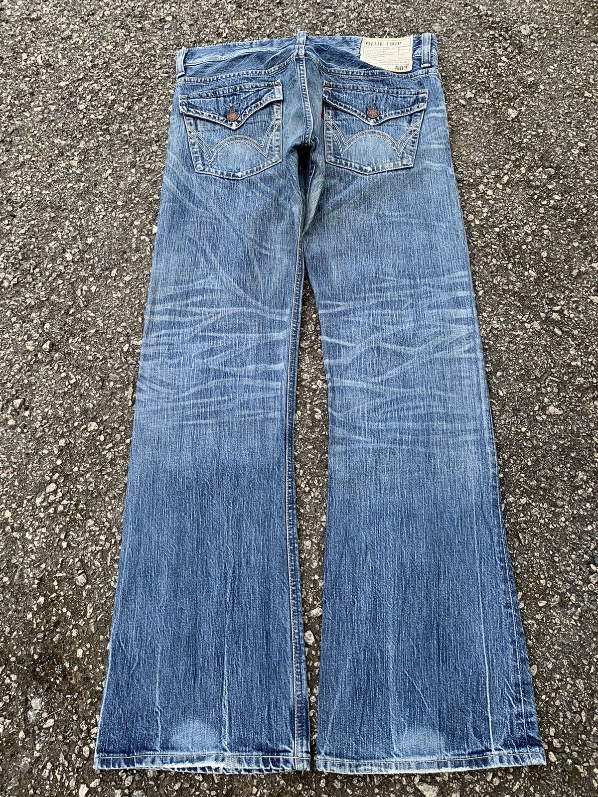 Japanese Brand FLARE💥EDWIN 503 FADED & RUSTY DISTRESSED DENIM Size US 35 - 4 Thumbnail