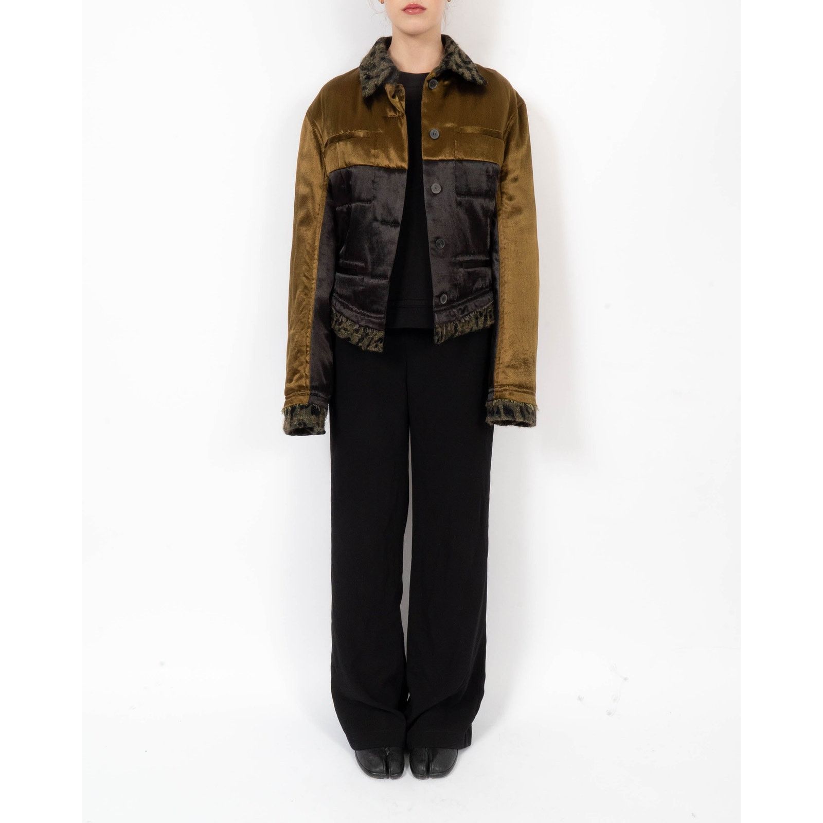 FW18 Distressed Workwear Jacket in Black & Khaki Silk Satin