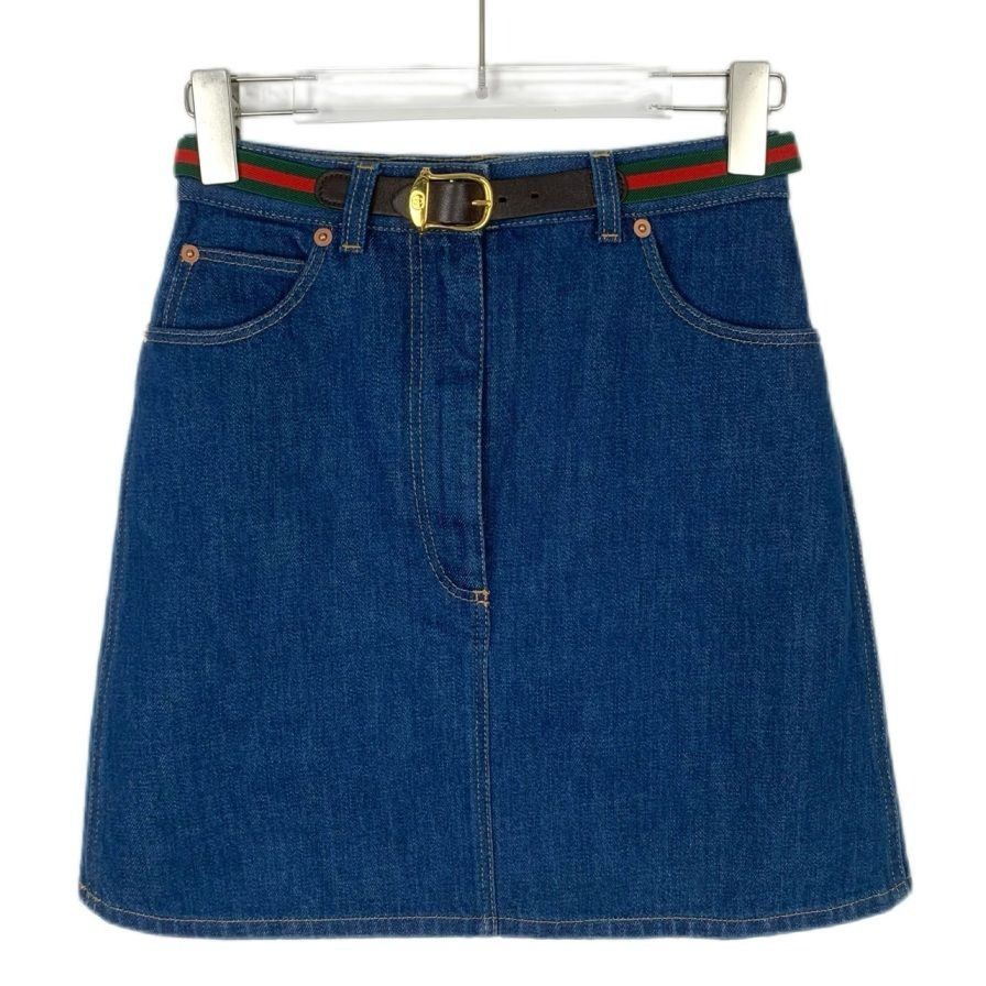 Gucci Gucci Blue Cotton Denim Skirt With Leather Belt & Logo Accen Size 25" / US 0 / IT 36 - 1 Thumbnail