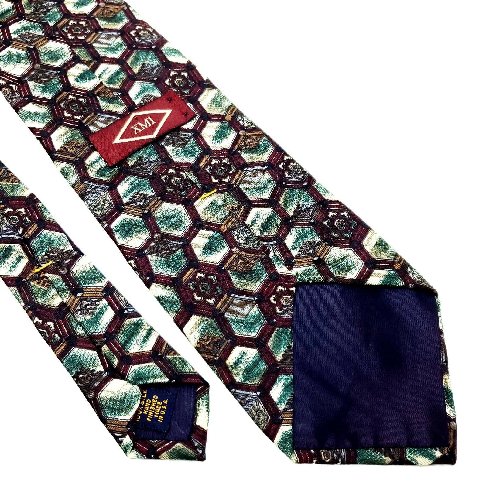 XMI Platinum XMI Silk Tie Maroon Green Geometric Short Wide Size ONE SIZE - 5 Thumbnail