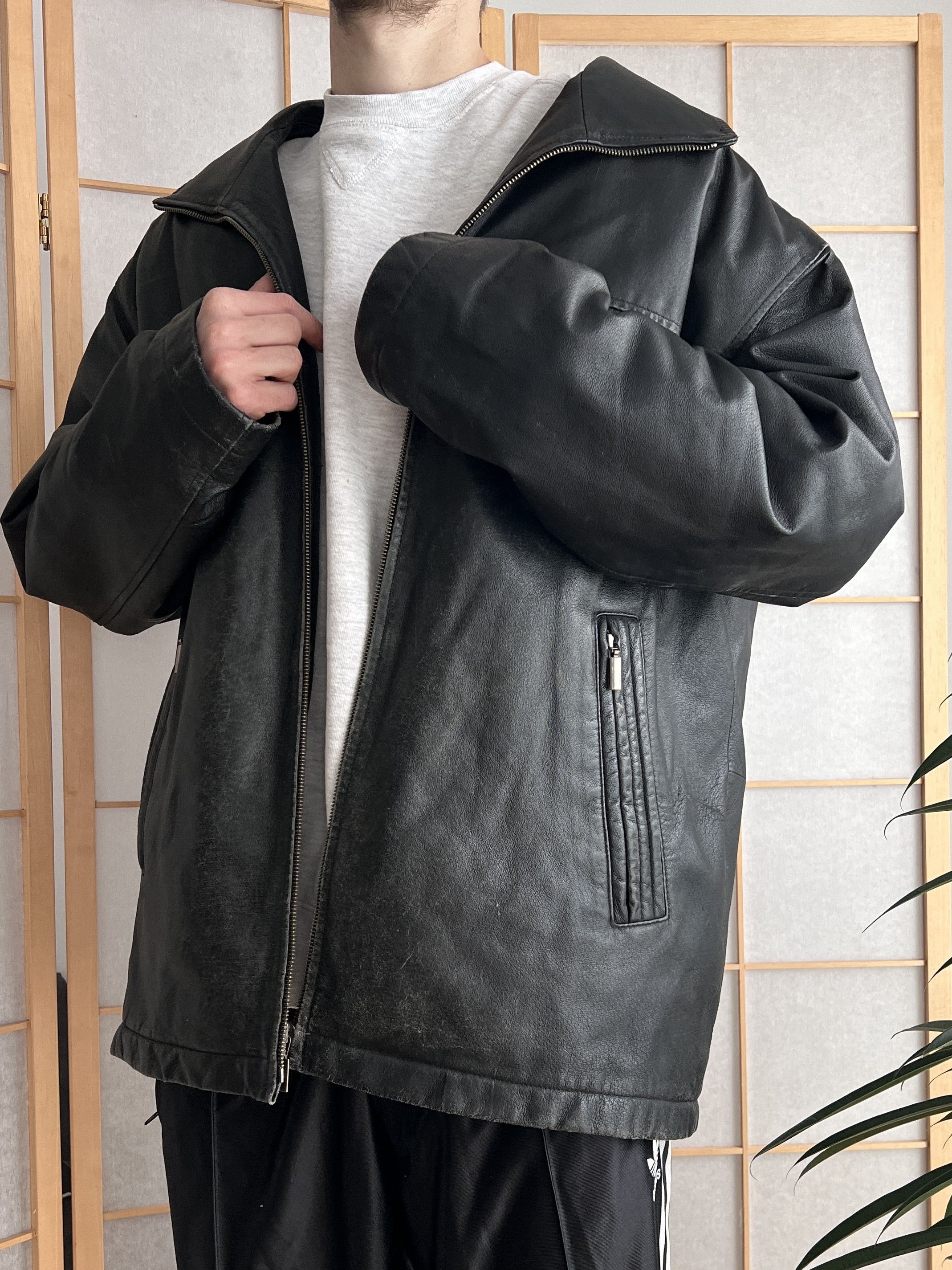 Crazy fit! Leather vintage jacket long coat balenciaga syle