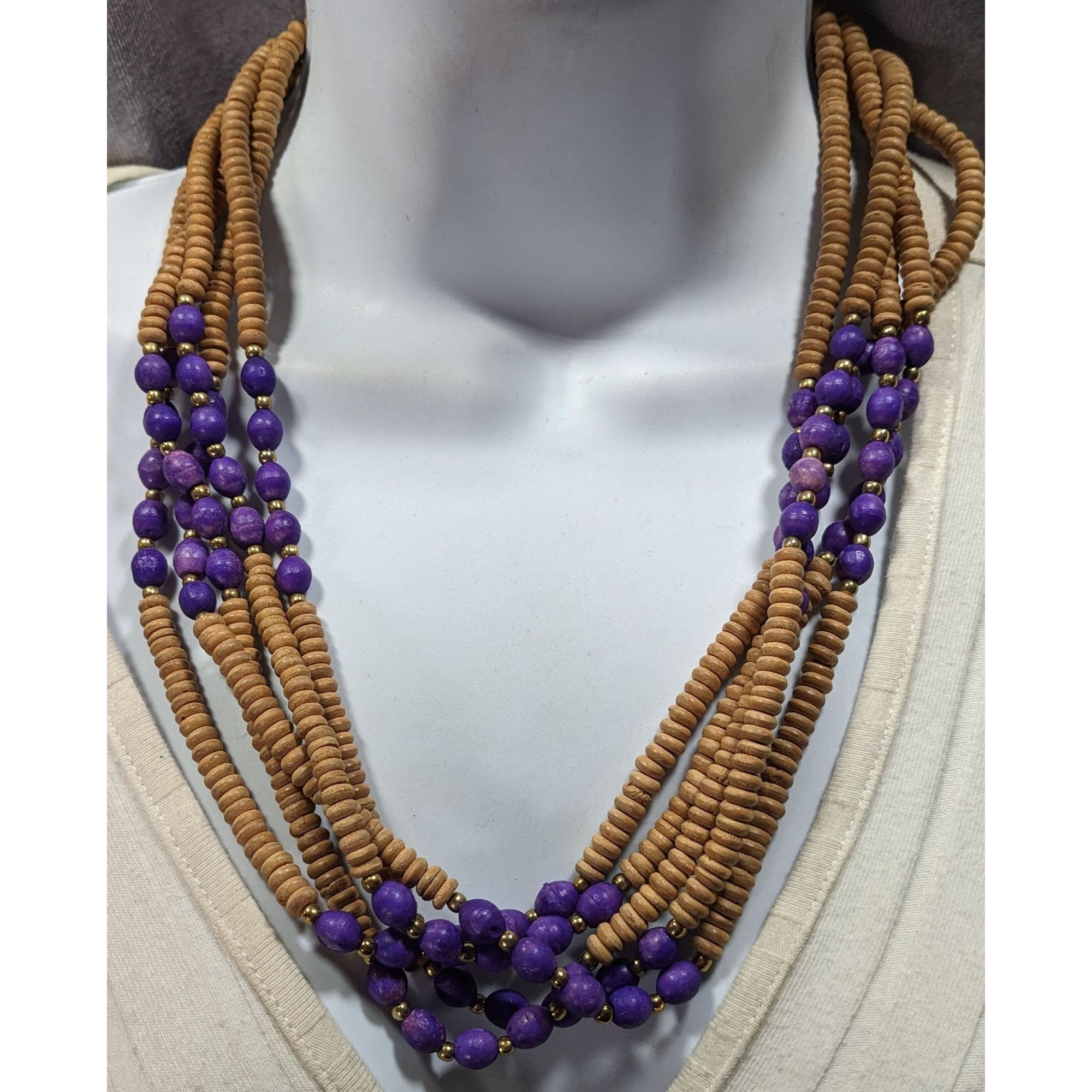 Other Vintage Handmade Tan And Purple Layered Wooden Beaded Neckla Size ONE SIZE - 2 Thumbnail