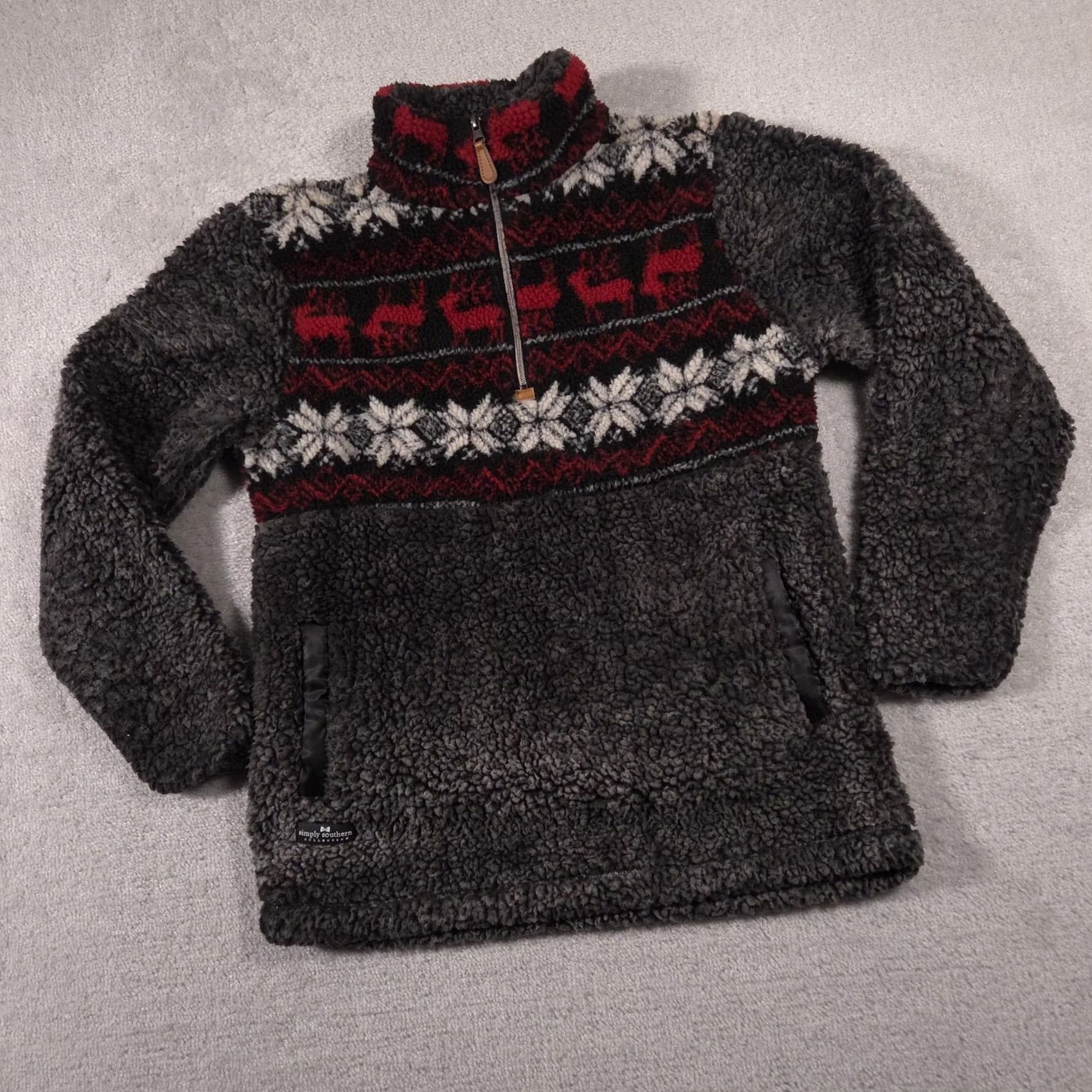 Vintage VINTAGE? Simply Southern Sherpa Pullover Womens M Gray Reindeer Snowflake 1/4 Zip Size M / US 6-8 / IT 42-44 - 2 Thumbnail