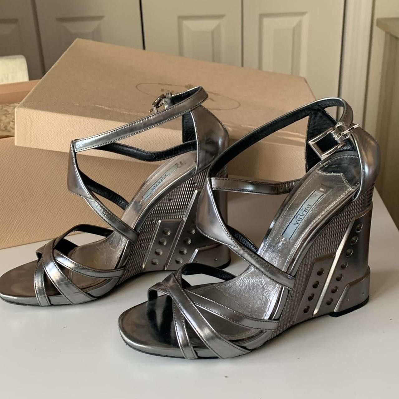 Prada Prada Metallic Silver Platform Wedges Size US 8 / IT 38 - 3 Thumbnail