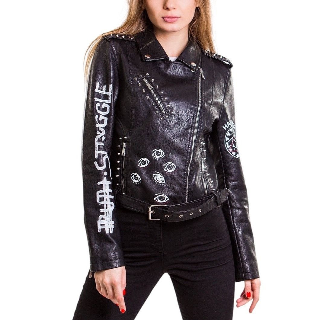 Other Black Punk Rock Graphic Studded Belted Vegan Leather Jacket Size M / US 6-8 / IT 42-44 - 11 Thumbnail