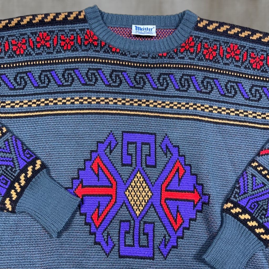 Vintage VINTAGE Grandpa Sweater Men XL Gray Purple Geometric Acrylic Wool Knit Golf 90s Size US XL / EU 56 / 4 - 1 Thumbnail