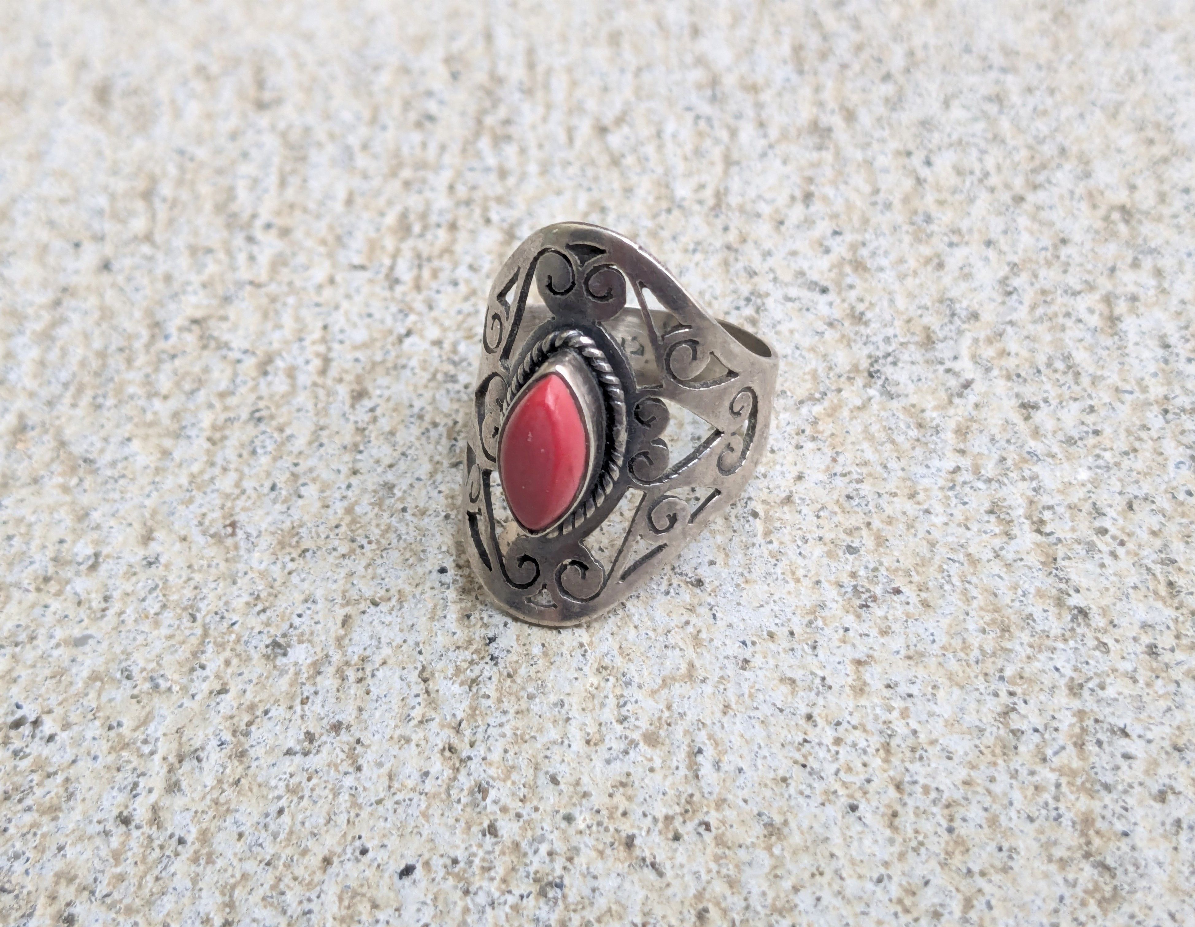 Jewelry × Sterling Silver Vintage Sterling Silver Ring 7.5 Red Coral Marquise Size ONE SIZE - 1 Thumbnail