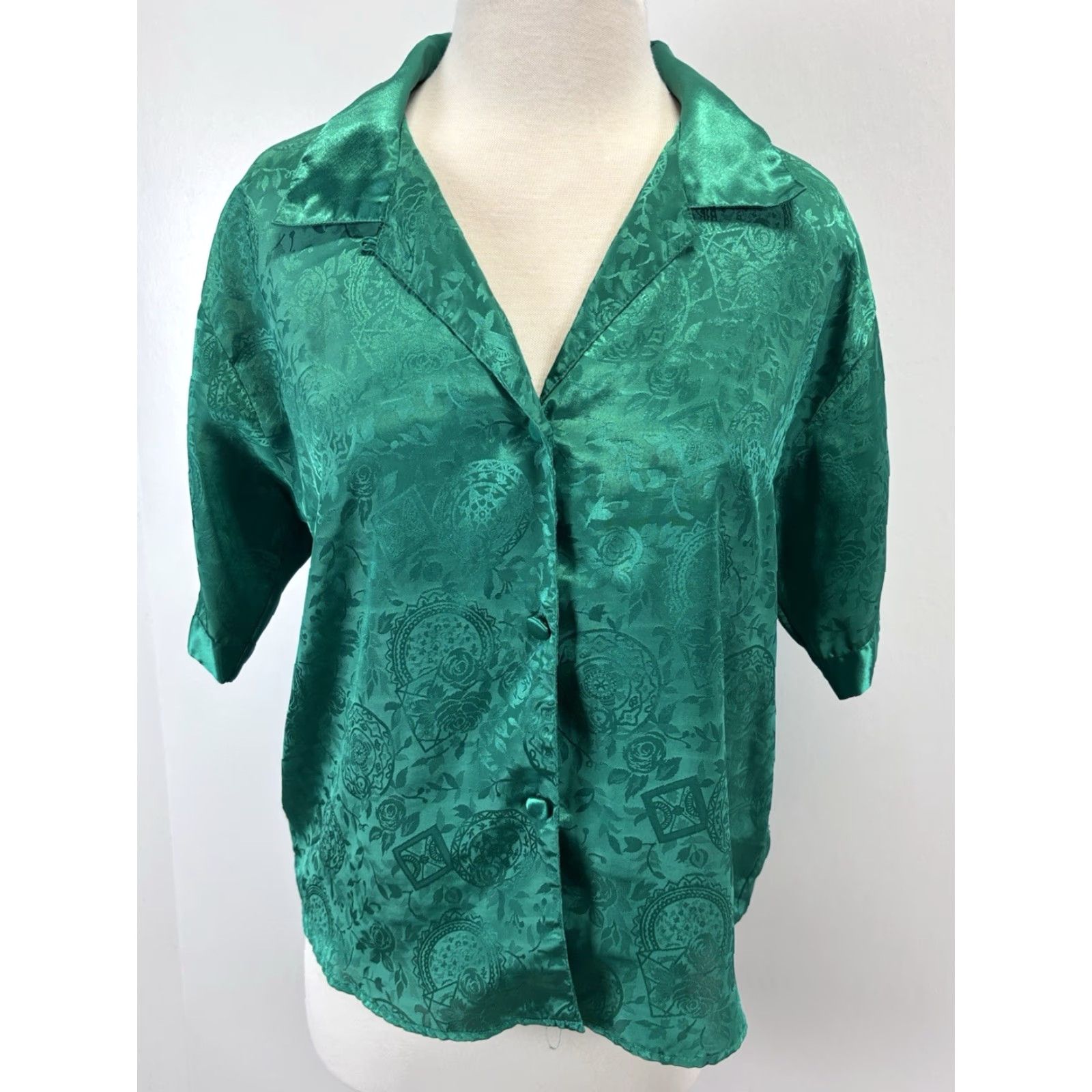 Victoria's Secret Vtg Victoria's Secret 2 Pc Pajamas Size Small Emerald Green Satin Gold Label Embossed Size ONE SIZE - 2 Thumbnail