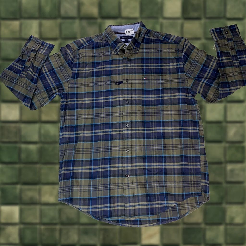 Tommy Hilfiger Tommy Hilfiger Classic Fit Stretch THFLEX Green Blue Plaid Oxford Shirt Mens L Size US L / EU 52-54 / 3 - 1 Thumbnail