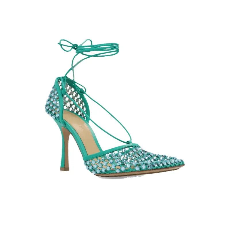 Bottega Veneta o1n1vont1224 Stretch Web Sparkle Sandals in Acid Turquoise Size US 4 / IT 34 - 3 Thumbnail