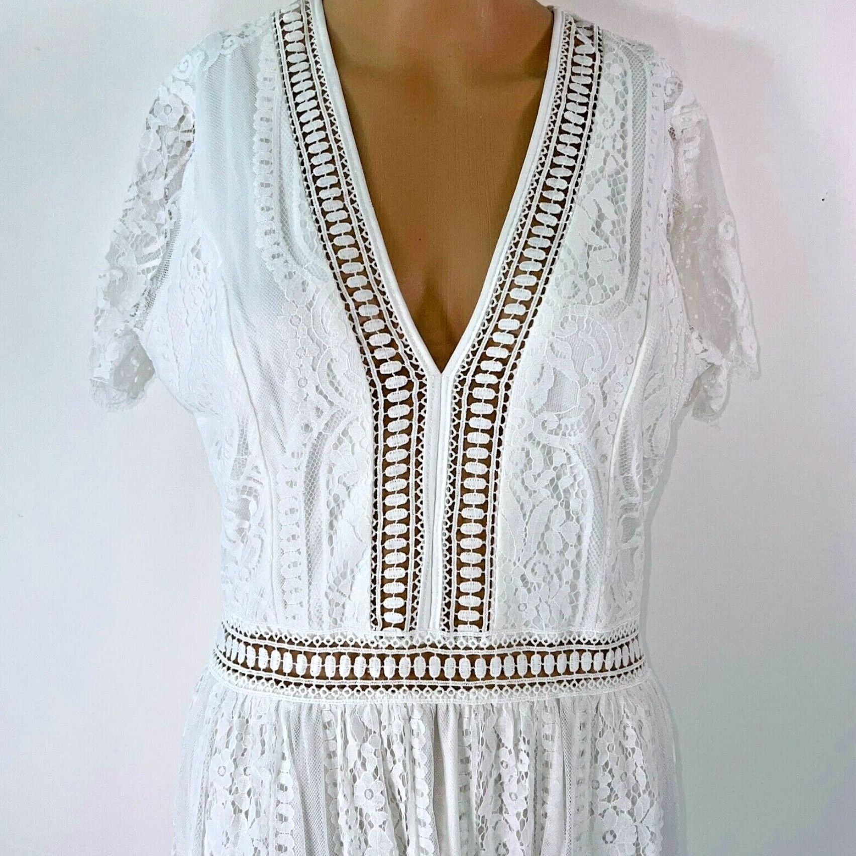 Vintage WOMENS Maxi Dress Floral Lace White V-Neck Short Sleeve Size M Medium Party Wedding Dress Size M / US 6-8 / IT 42-44 - 2 Thumbnail