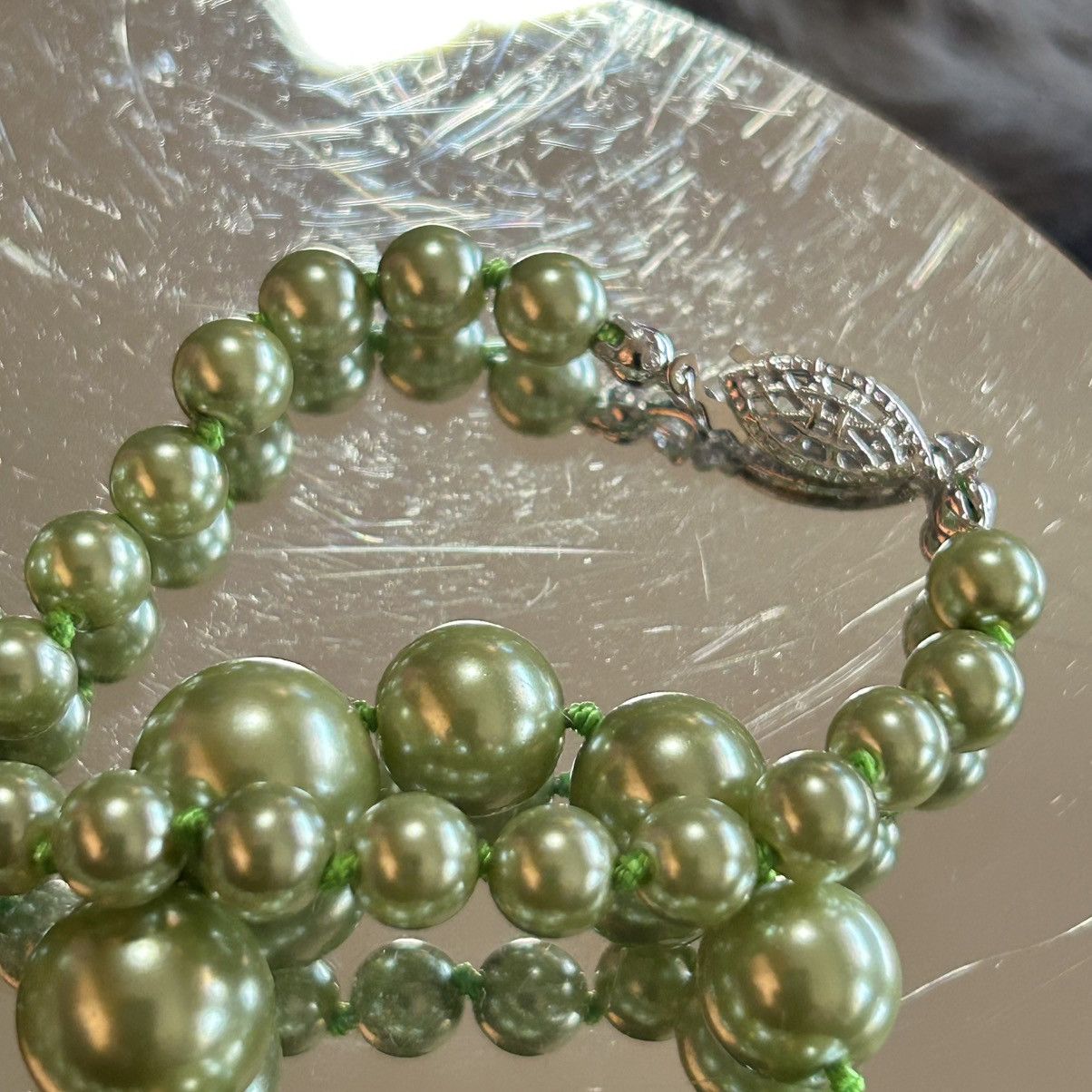 Vintage Vintage mint green glass hand knotted pearl 925 necklace Size ONE SIZE - 3 Thumbnail