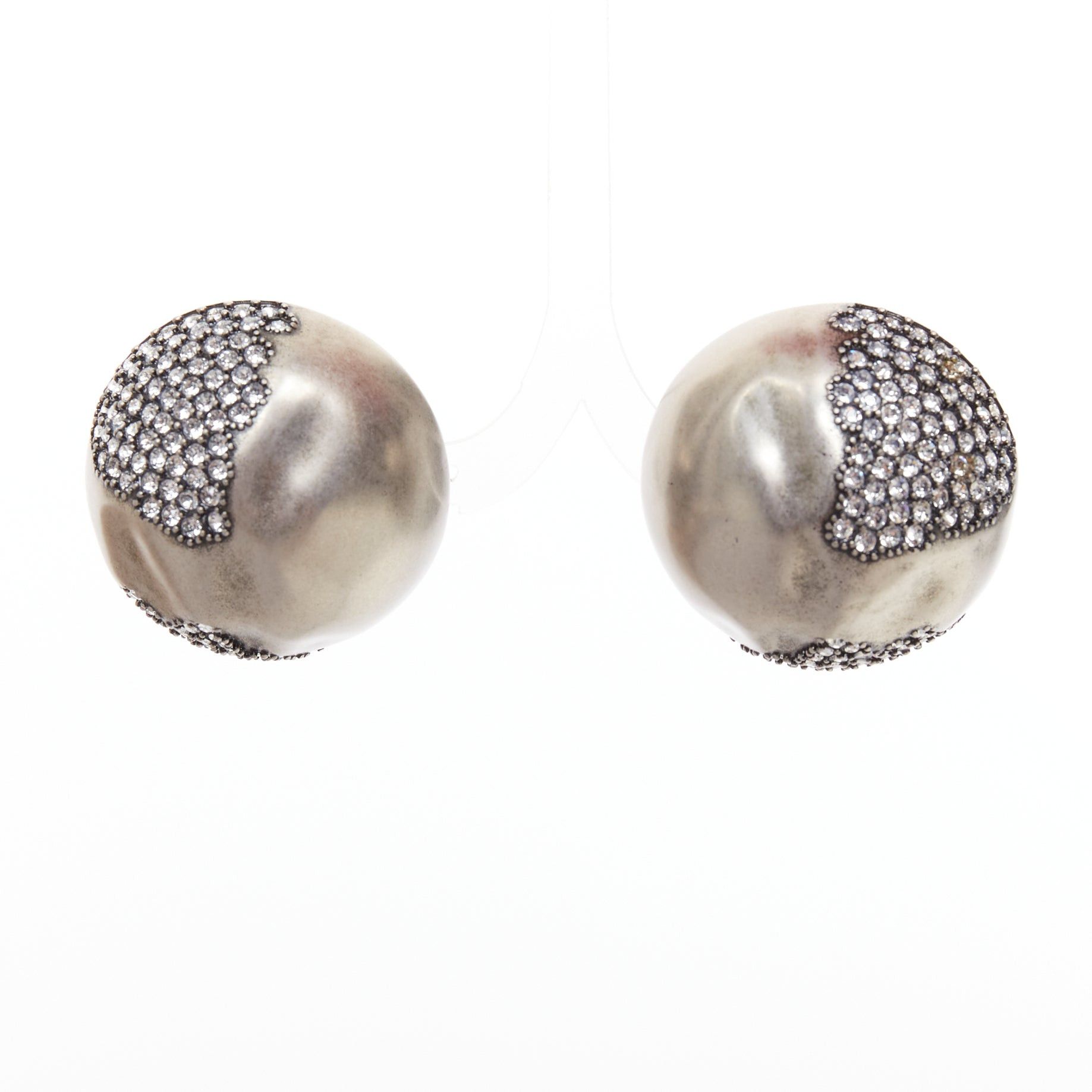 Saint Laurent Paris SAINT LAURENT crystal embellished aged silver metal dome clip on earrings Pair Size ONE SIZE - 1 Thumbnail