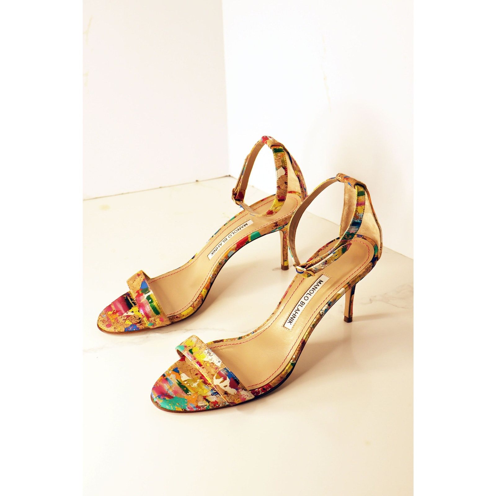Manolo Blahnik Vintage Manolo Blahnik Cork + Splatter Paint Chaos Sandal Size US 8.5 / IT 38.5 - 2 Thumbnail