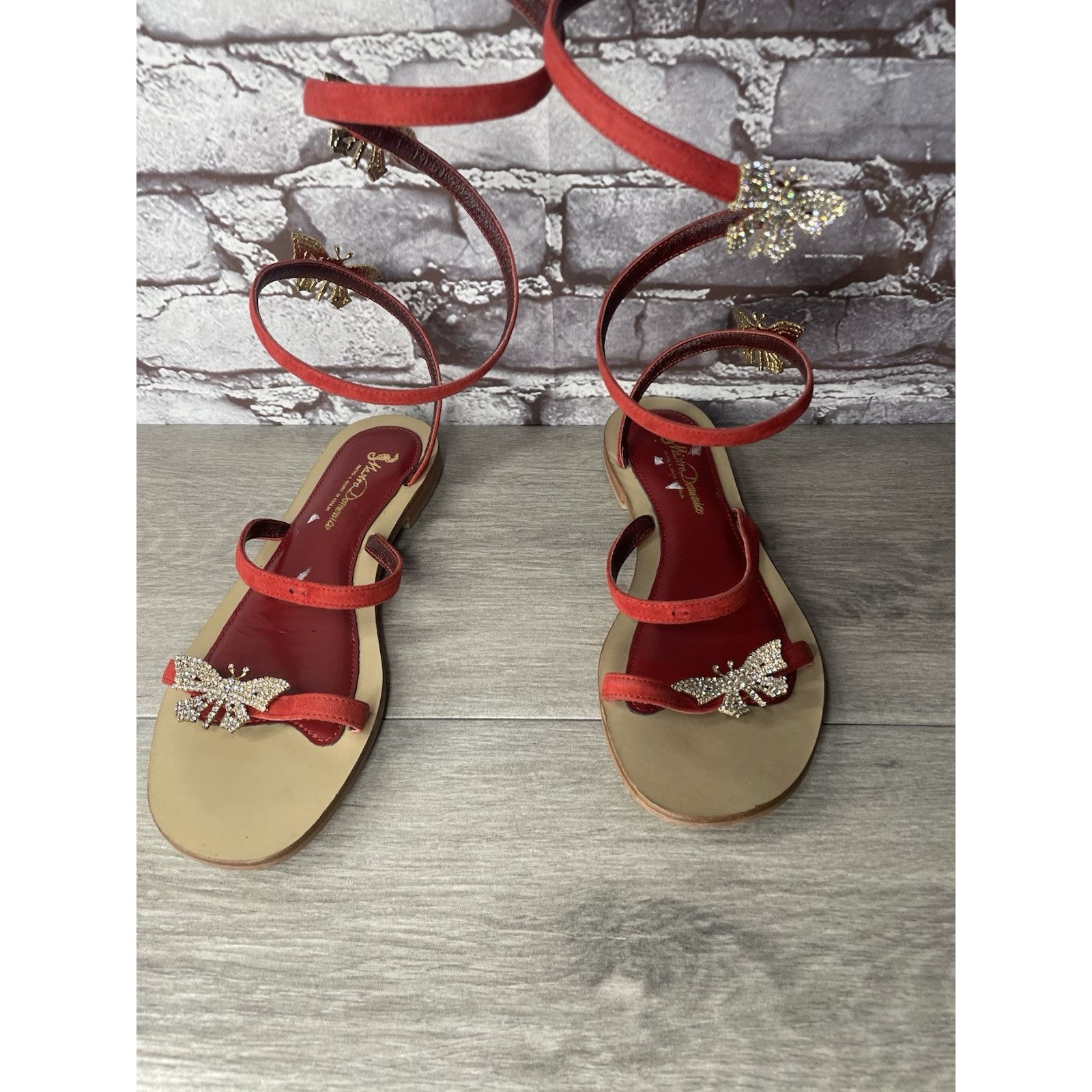 Other Mastro Domenico Red Leather Butterfly Rhinestone Wrap Around Size US 7.5 / IT 37.5 - 23 Thumbnail