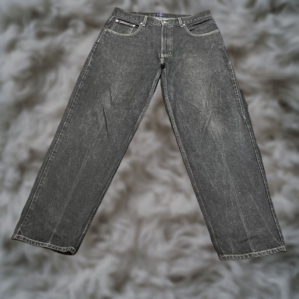 VINTAGE Tommy Hilfiger Jeans Men 36x32 Denim Straight 36 Charcoal Wash Black/Gray Distressed Pockets Mens Jeans