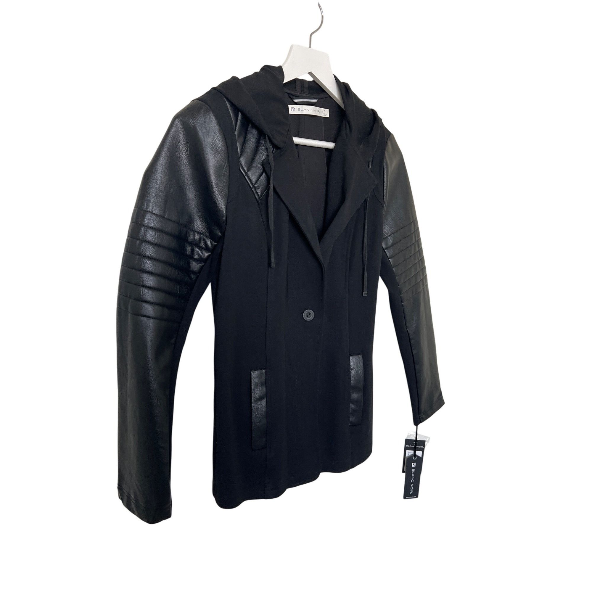 Blanc Noir Blanc Noir Black Hooded Moto Blazer With Faux Leather Trim Size S / US 4 / IT 40 - 2 Thumbnail