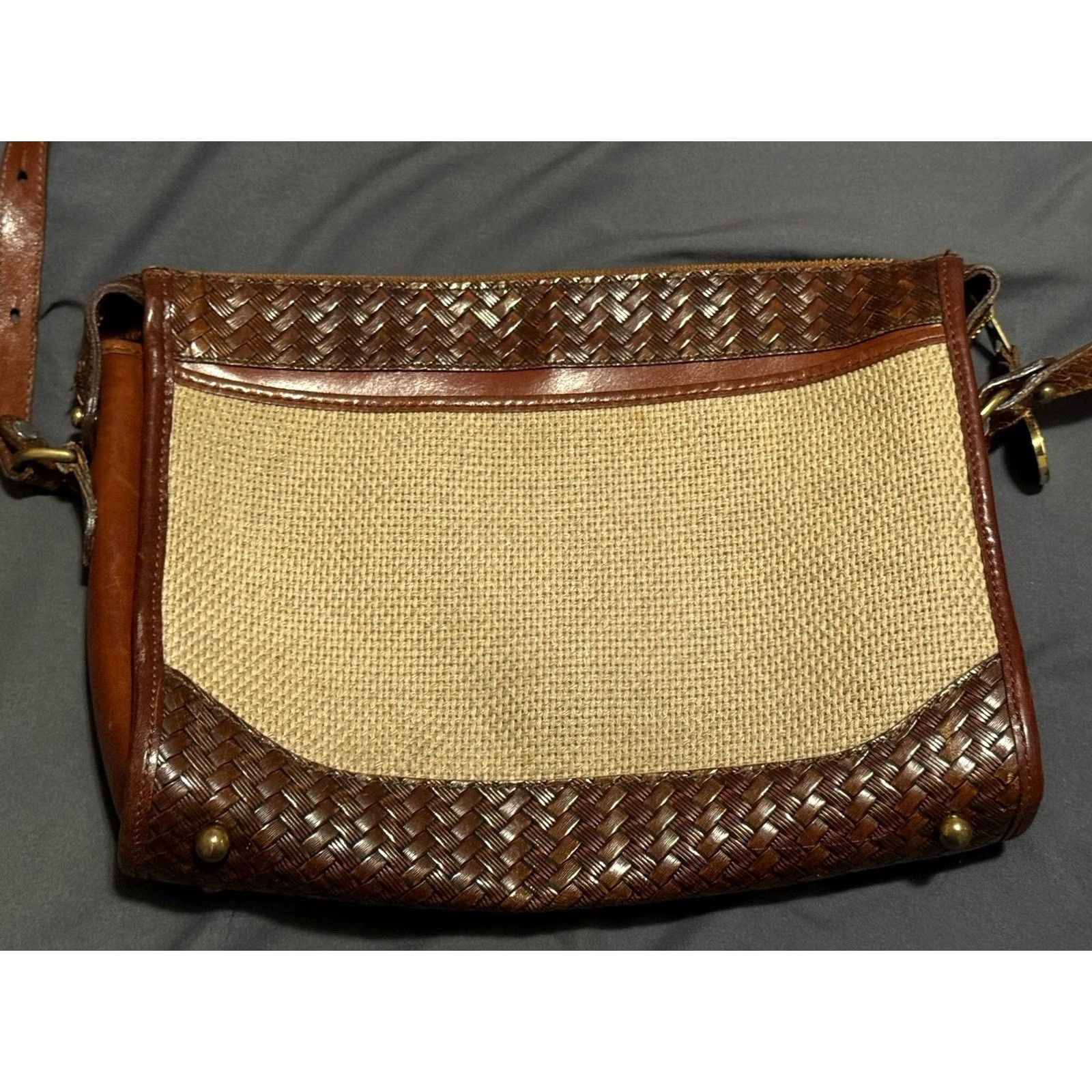 BRAHMIN VINTAGE Brahmin Basket Weave Shoulder Bag Leather Canvas Medium Brown Women’s Purse Size ONE SIZE - 4 Thumbnail