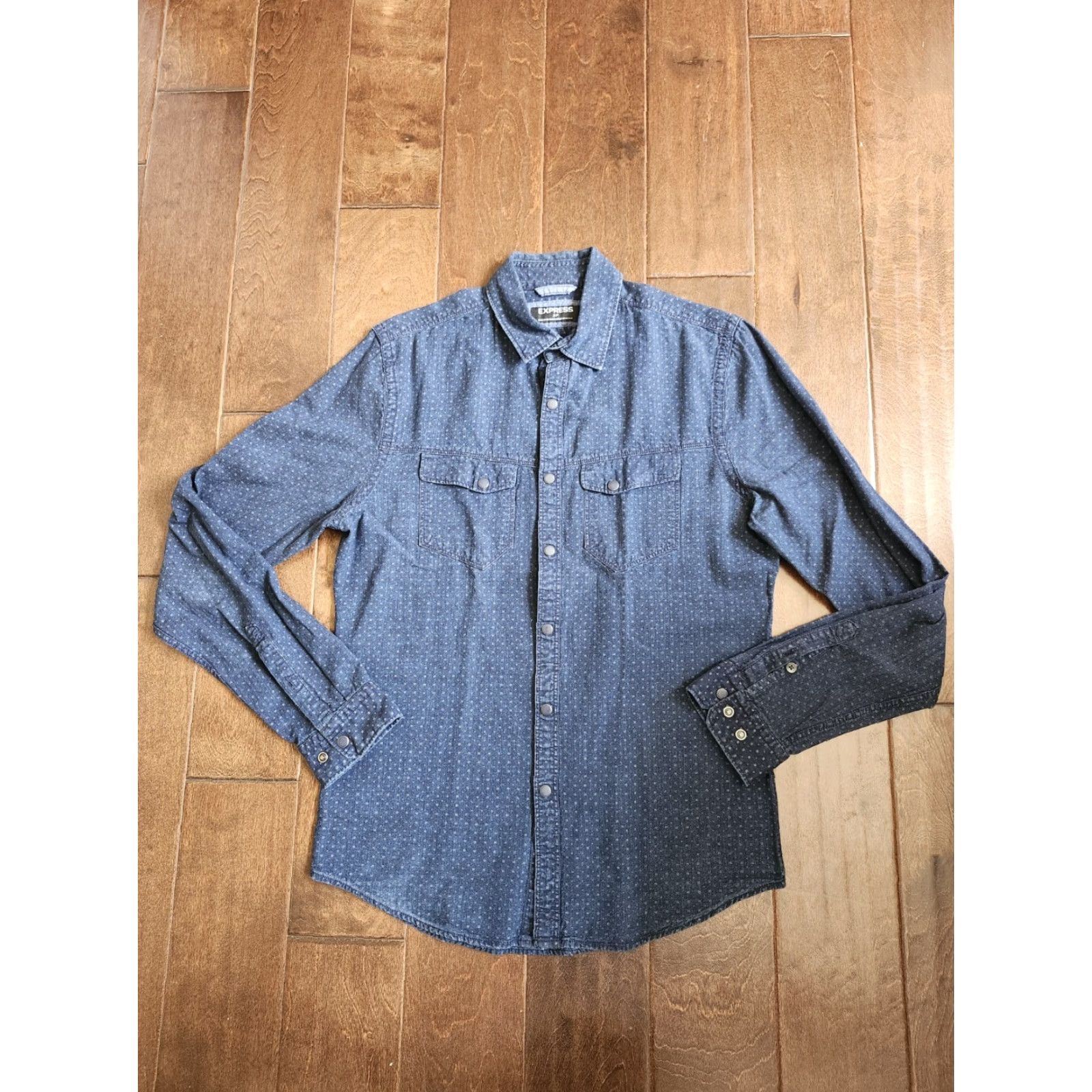 Express Express Shirt Blue Long Sleeve Button Dress Shirt S/P Mens Regular 100% Cotton Solid Collared Size 36R - 2 Thumbnail