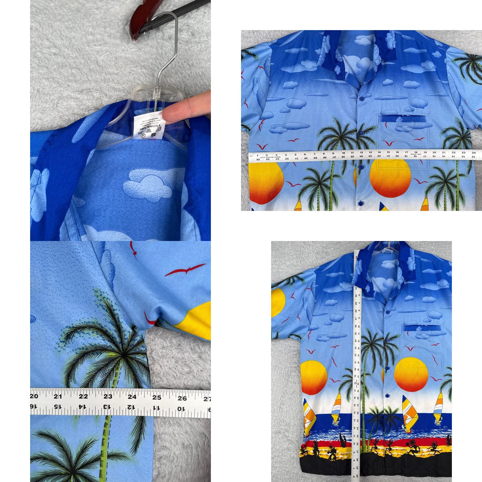 Vintage Happy Bay Shirt Men Large Blue Palm Tree 100% Terivoile Sunset Beach Hawaiian Size US L / EU 52-54 / 3 - 8 Thumbnail