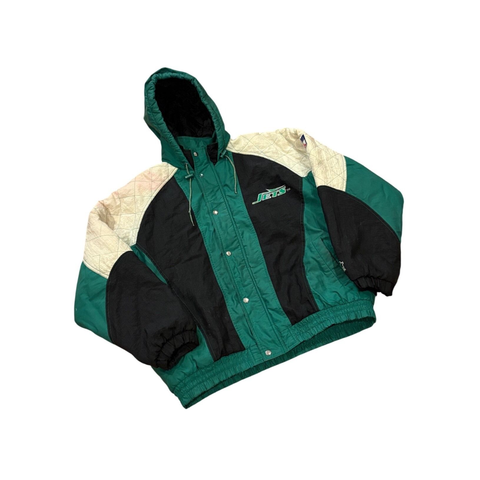 Starter Vintage 90s Starter New York Jets NFL Full Zip Hooded Puffer Size US L / EU 52-54 / 3 - 3 Thumbnail