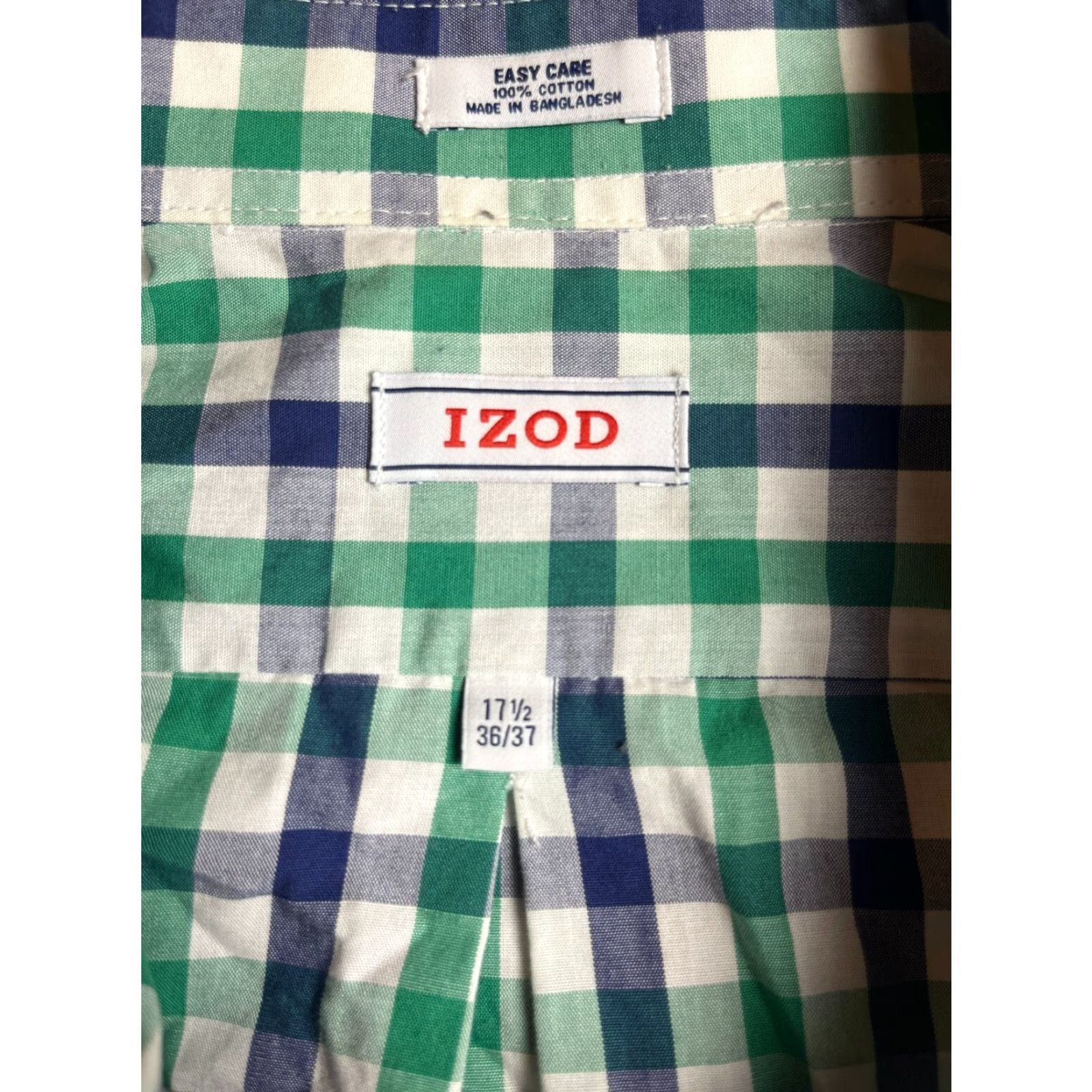 Izod IZOD Shirt Mens 17.5 36/37 Green Blue White Checkered Easy Care Dress Shirt Size 48R - 5 Thumbnail