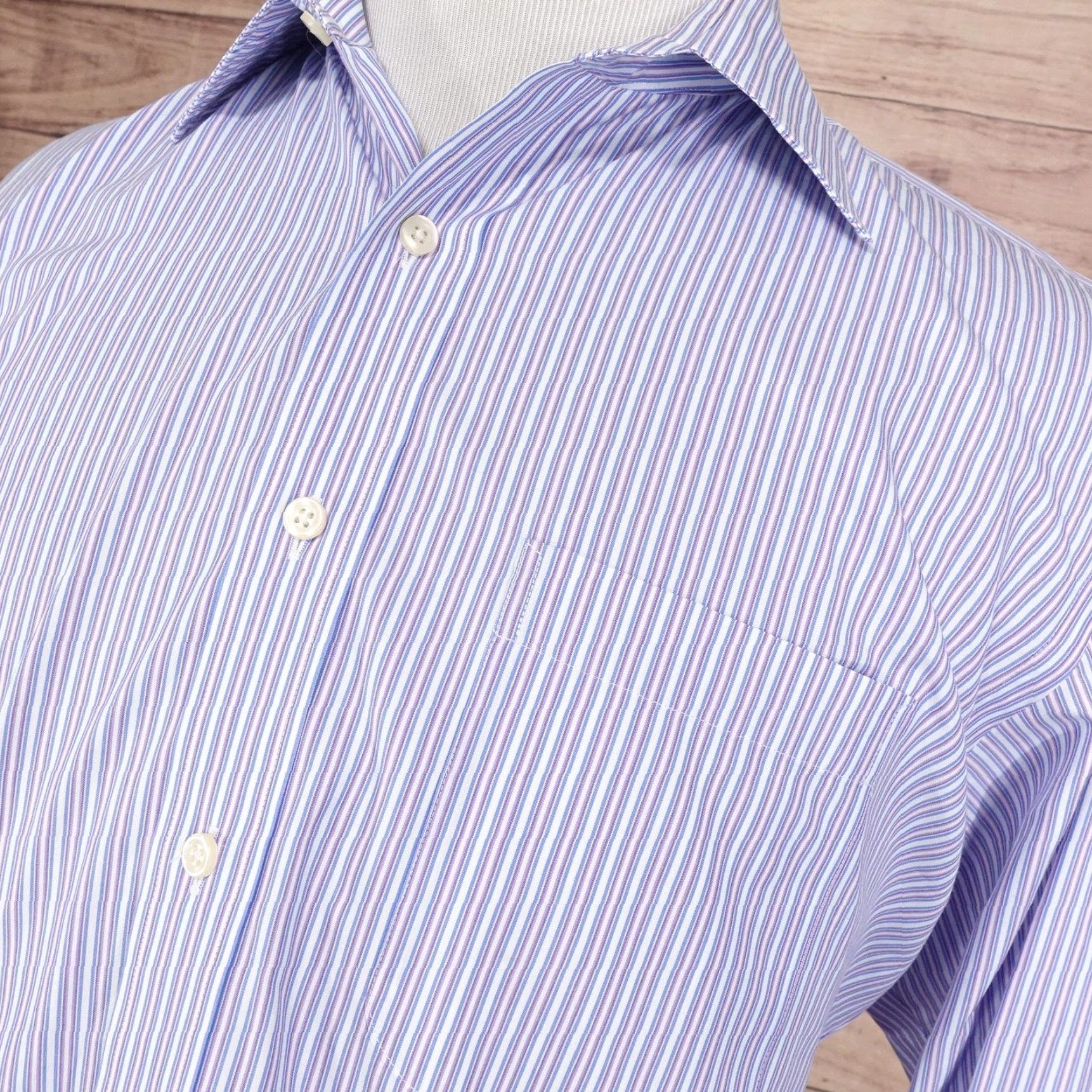 Vintage Kirkland Signature Shirt Mens 16.5 34 Purple Blue Stripe Non Iron Cotton Size US L / EU 52-54 / 3 - 2 Thumbnail