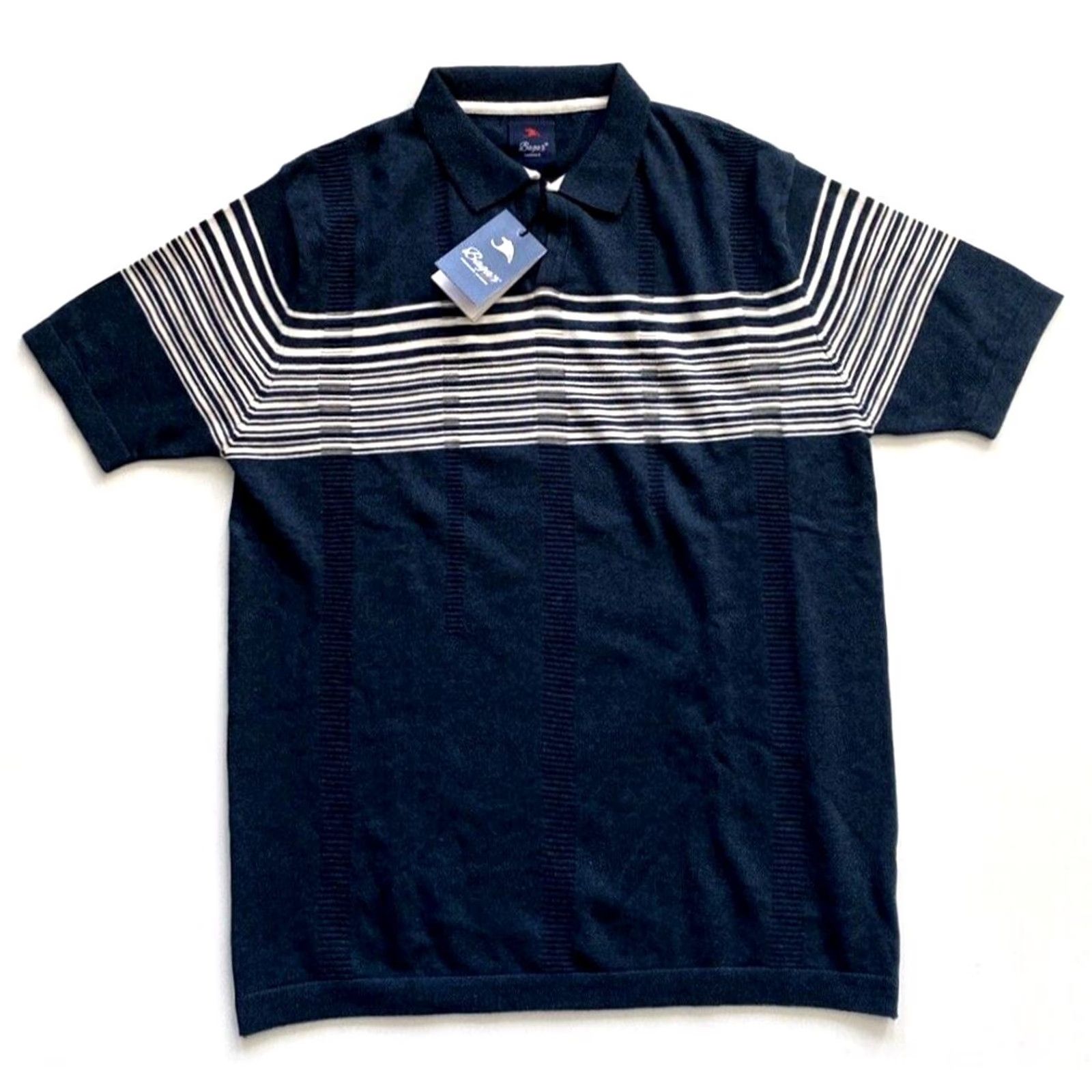 Vintage Baga's Men Knit Polo Shirt L Blue Gray Striped Short Sleeve Collared City Preppy Vintage? Size US L / EU 52-54 / 3 - 2 Thumbnail
