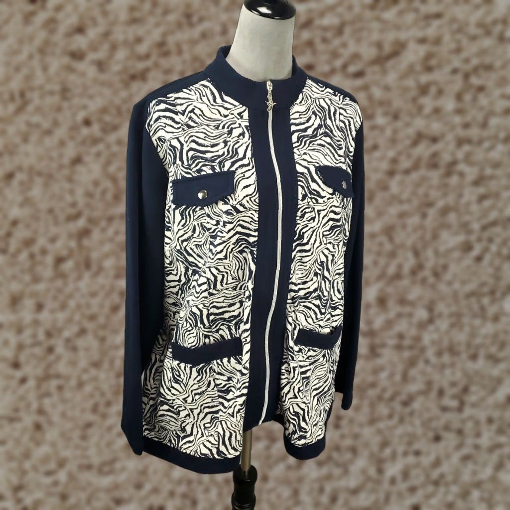 Vintage Susan Graver Womens Jacket 1X Navy Blue White Geometric Full Zip Stretchy Jacket Size XL / US 12-14 / IT 48-50 - 1 Thumbnail
