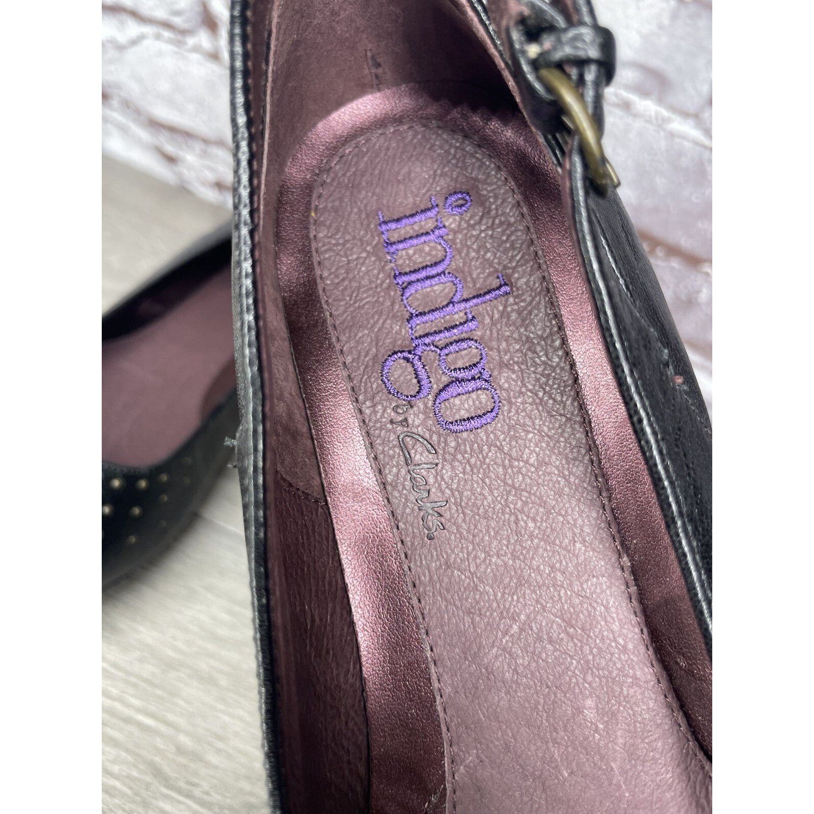 Clarks INDIGO BY CLARKS Black Lea Bishop Studded Slip On Strap Wedg Size US 8 / IT 38 - 21 Thumbnail