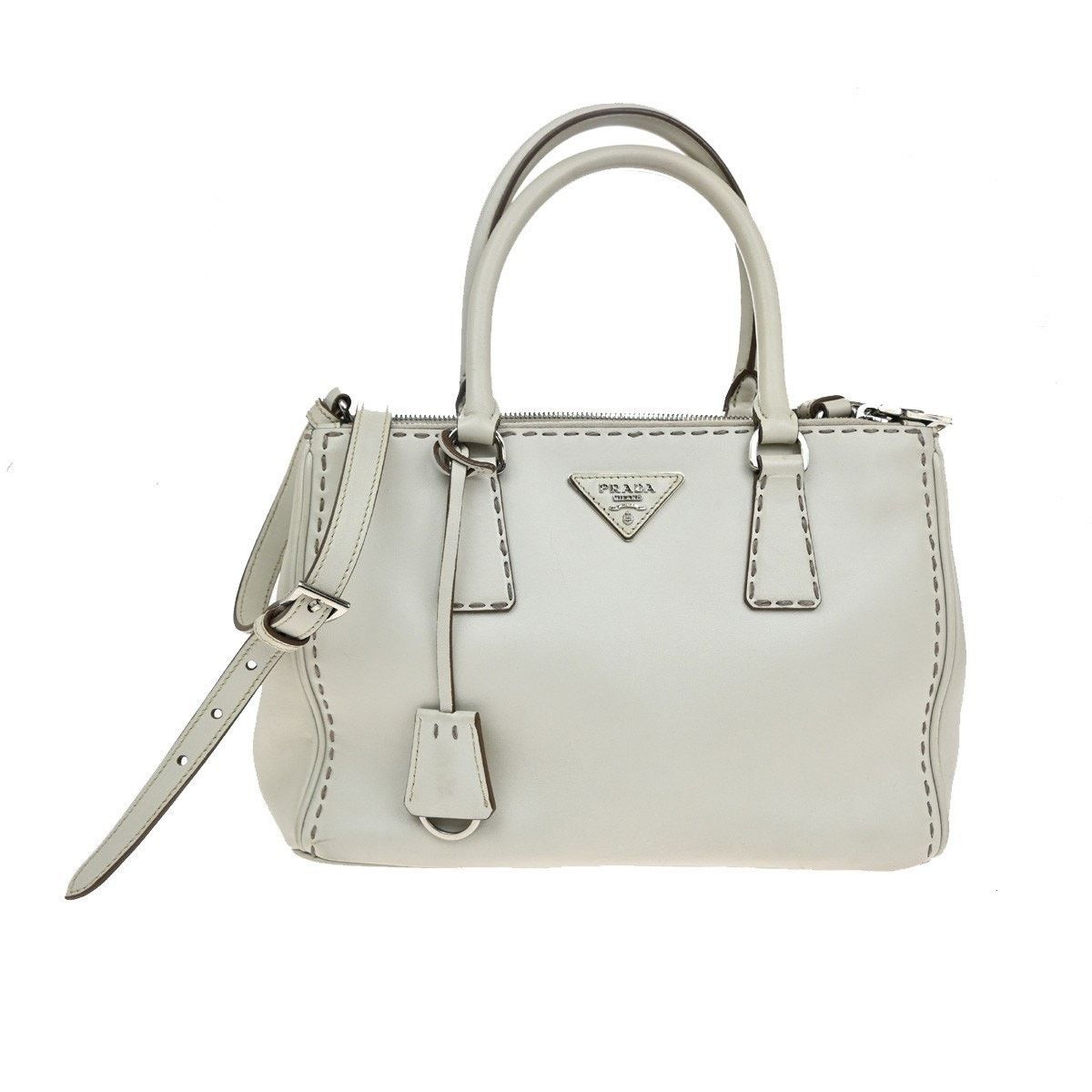 Prada Stitched Leather Galleria Double Zip Tote White