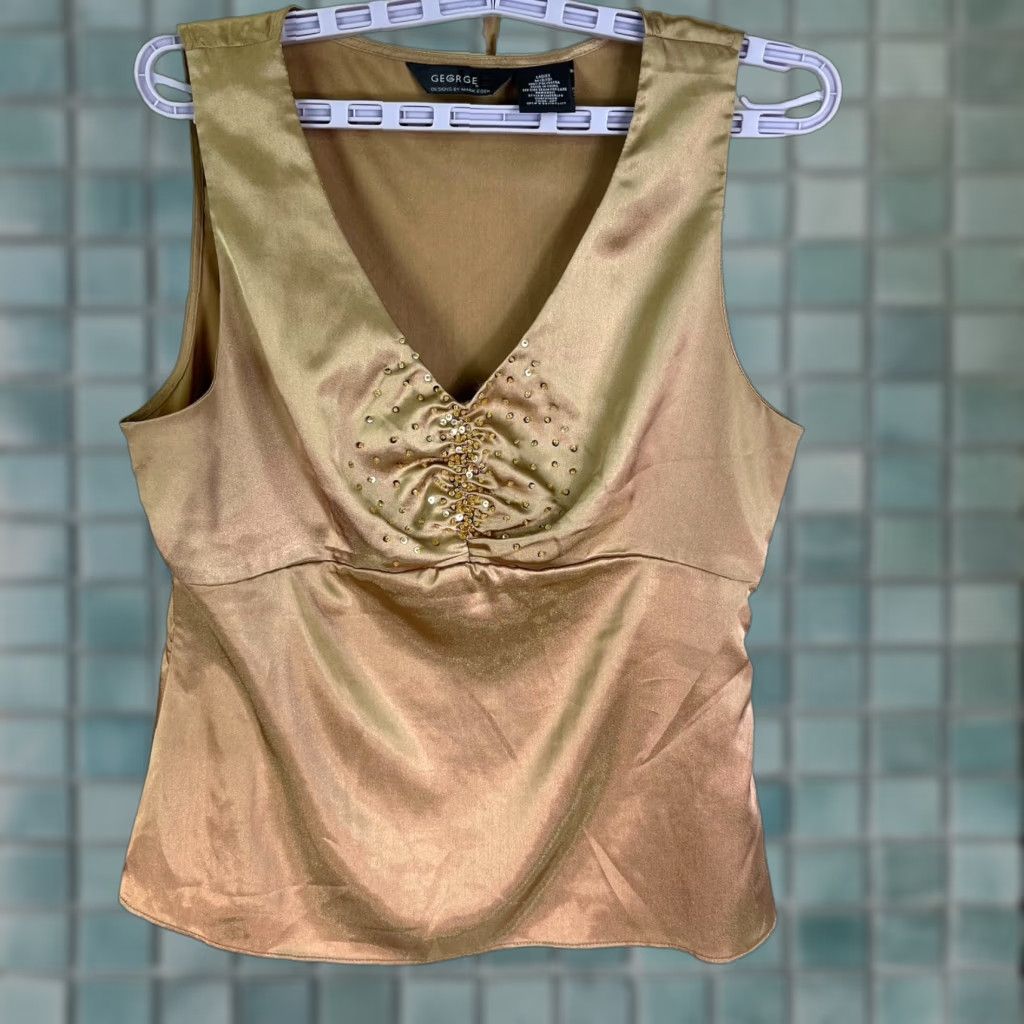 George GEORGE Gold Satin V-Neck Camisole M Sleeveless Sequin Side Zip Women Tank Shirt Casual Party/Cocktail Evening Vintage: No Womens Size ONE SIZE - 1 Thumbnail