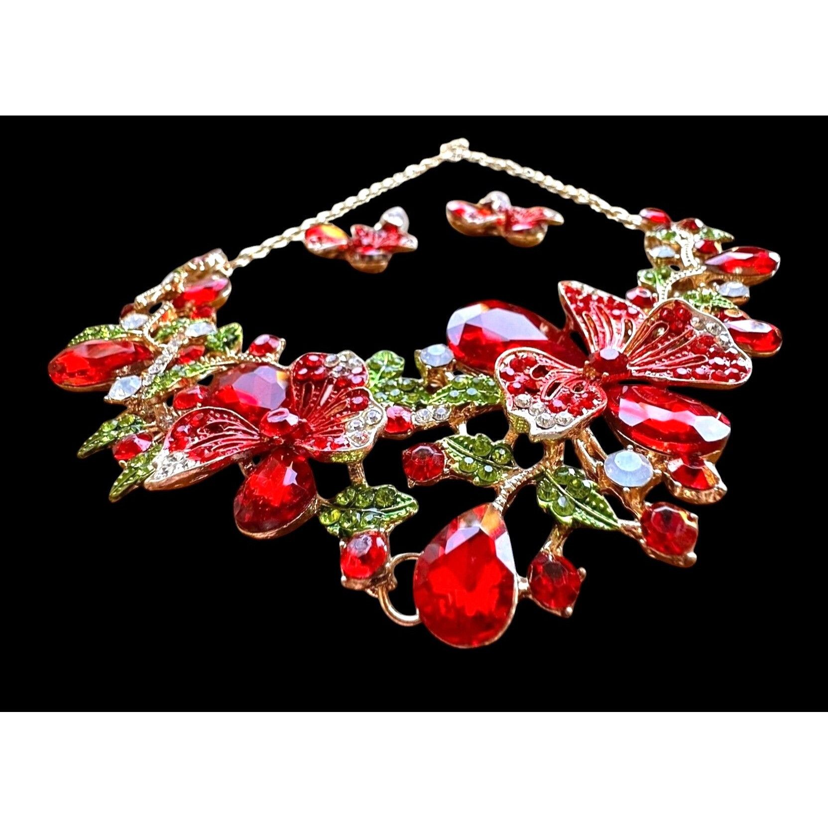 Handmade Red Floral Crystal Necklace Earrings Set New Christmas Jewel Size ONE SIZE - 11 Thumbnail