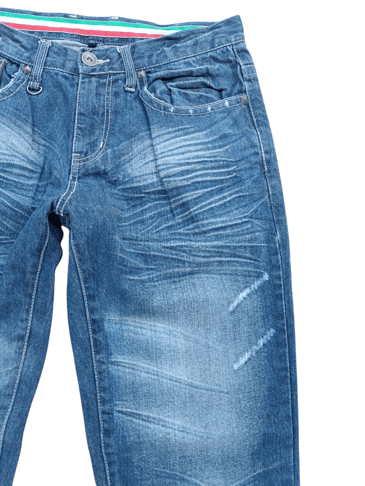 Japanese Brand NYLAUS JEANS DISTRESSED WHISKERS FADED STUD DENIM Size US 31 - 6 Thumbnail