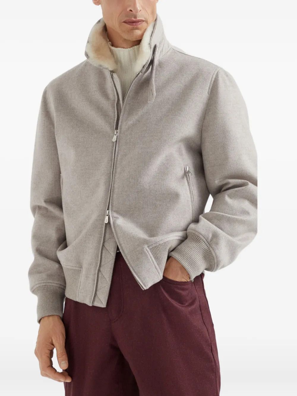 Brunello Cucinelli o1w1db10326 Cashmere Bomber Jacket in Light Grey Size US L / EU 52-54 / 3 - 2 Thumbnail