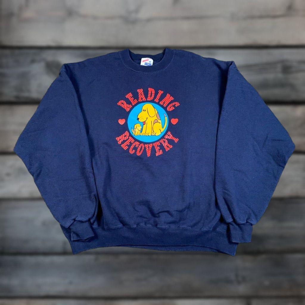Jerzees VINTAGE Jerzees Sweatshirt Reading Recovery Dog Print Adult 2X Dark Blue Crewneck USA Tag Mens Big & Tall Size US XXL / EU 58 / 5 - 1 Thumbnail