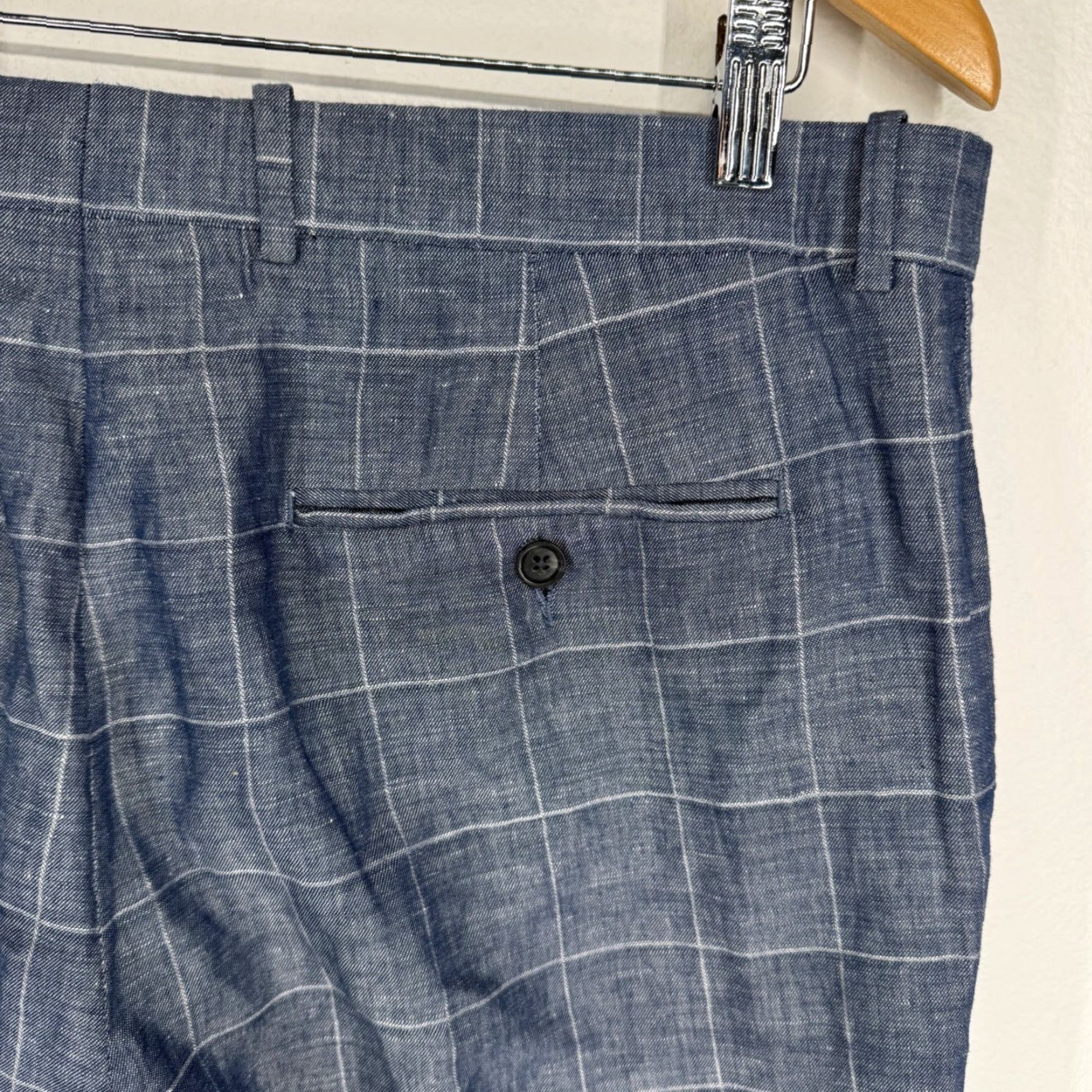 Perry Ellis Perry Ellis Portfolio Mens Blue Windowpane Linen Cotton Modern Fit Pants 33x30 Size US 33 - 6 Thumbnail