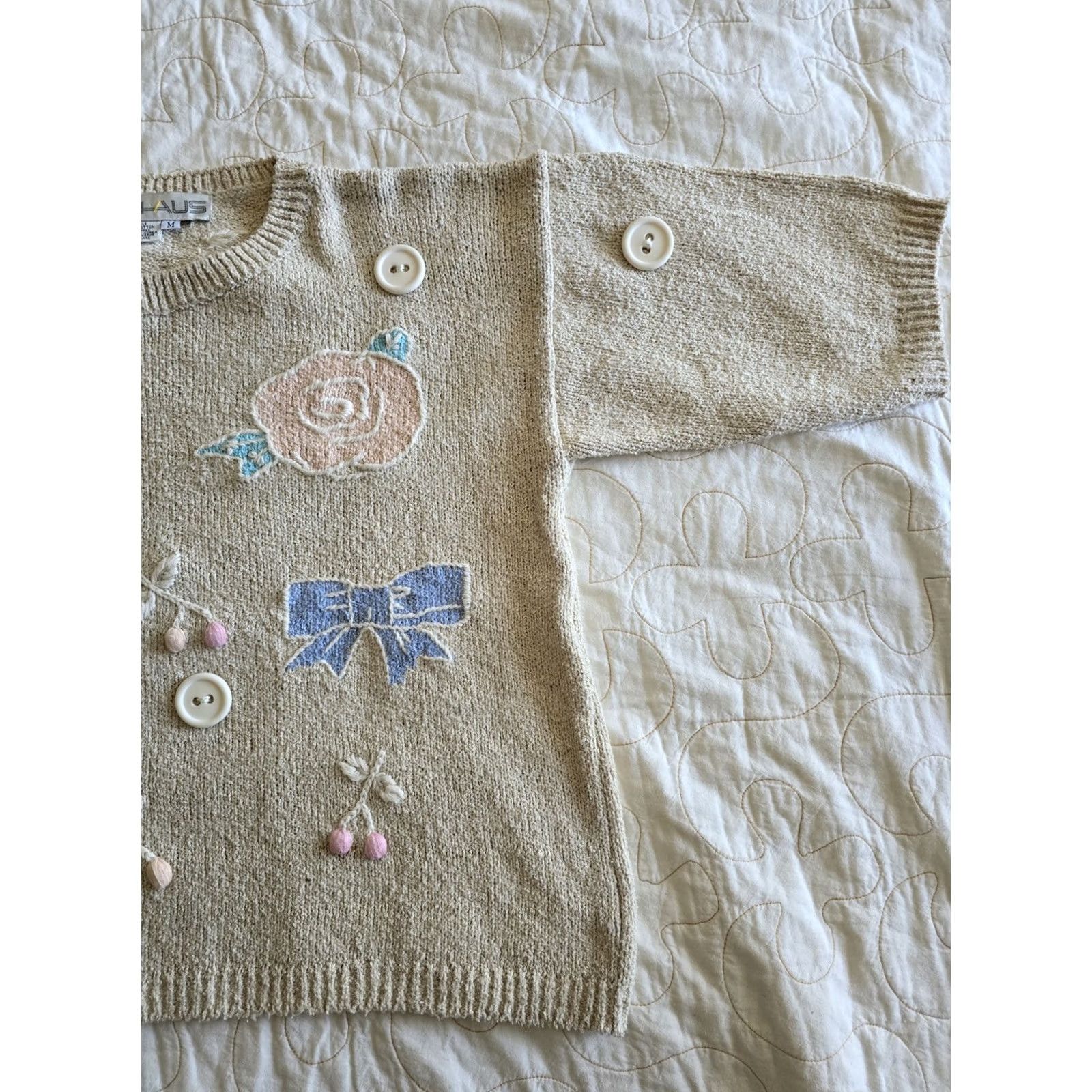 Vintage VINTAGE CHAUS Cottagecore Sweater Womens Medium Large Beige 1980s 90s Fairycore Arts & Crafts Cotton Blend Size M / US 6-8 / IT 42-44 - 6 Thumbnail
